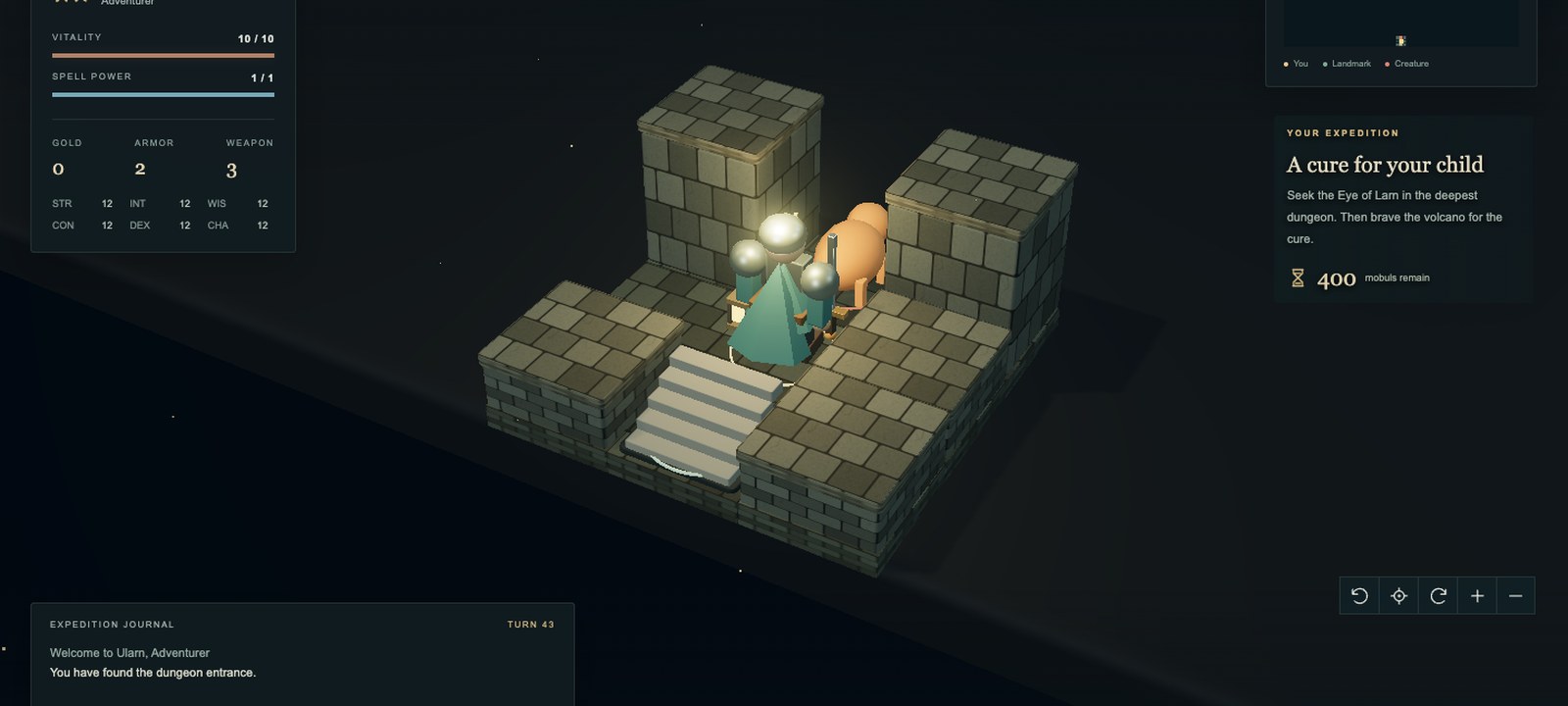 Ularn 3D dungeon room with stairs, stone walls, and a waiting creature